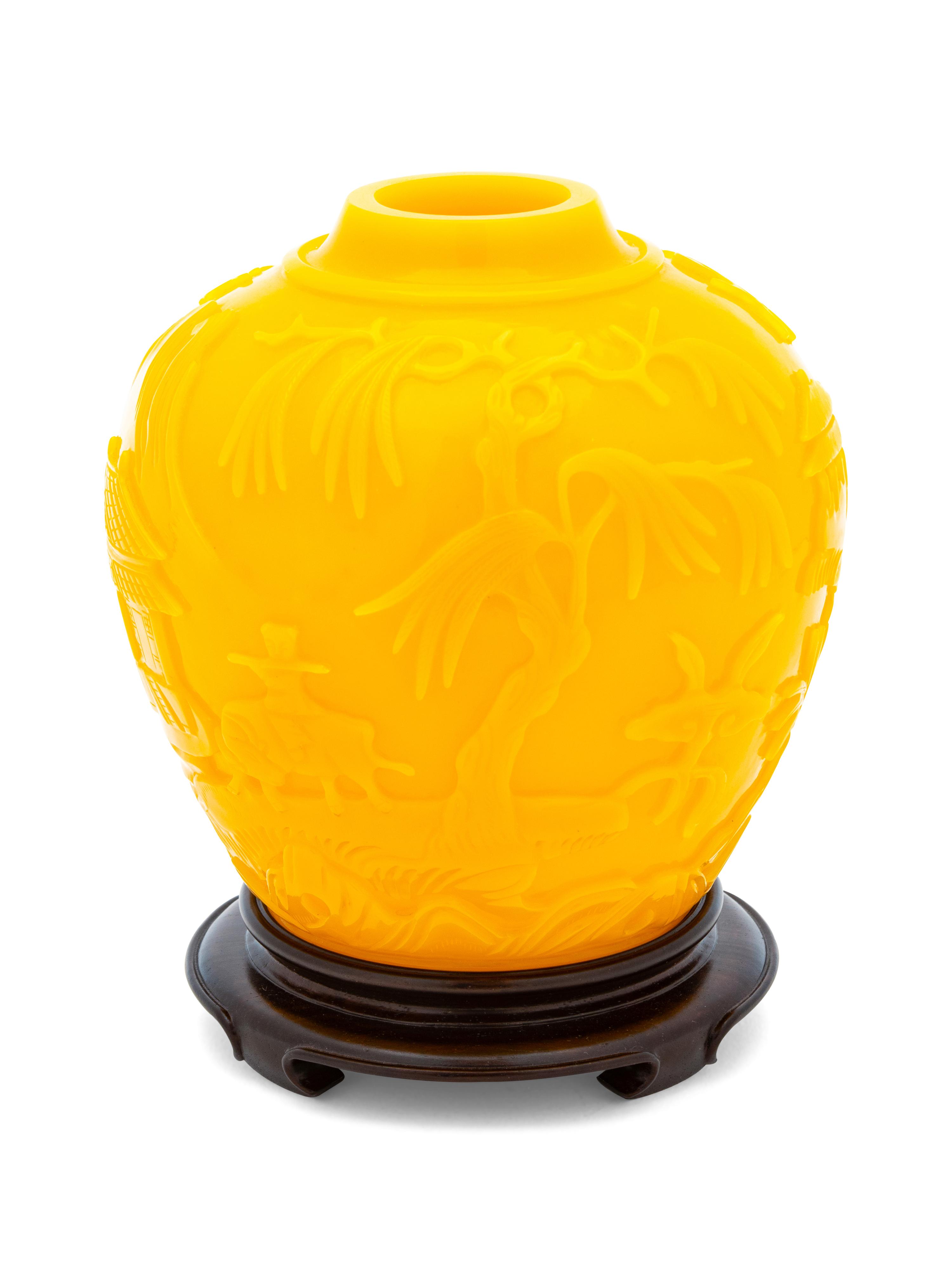 A Chinese Carved Yellow Overlay Glass Jar