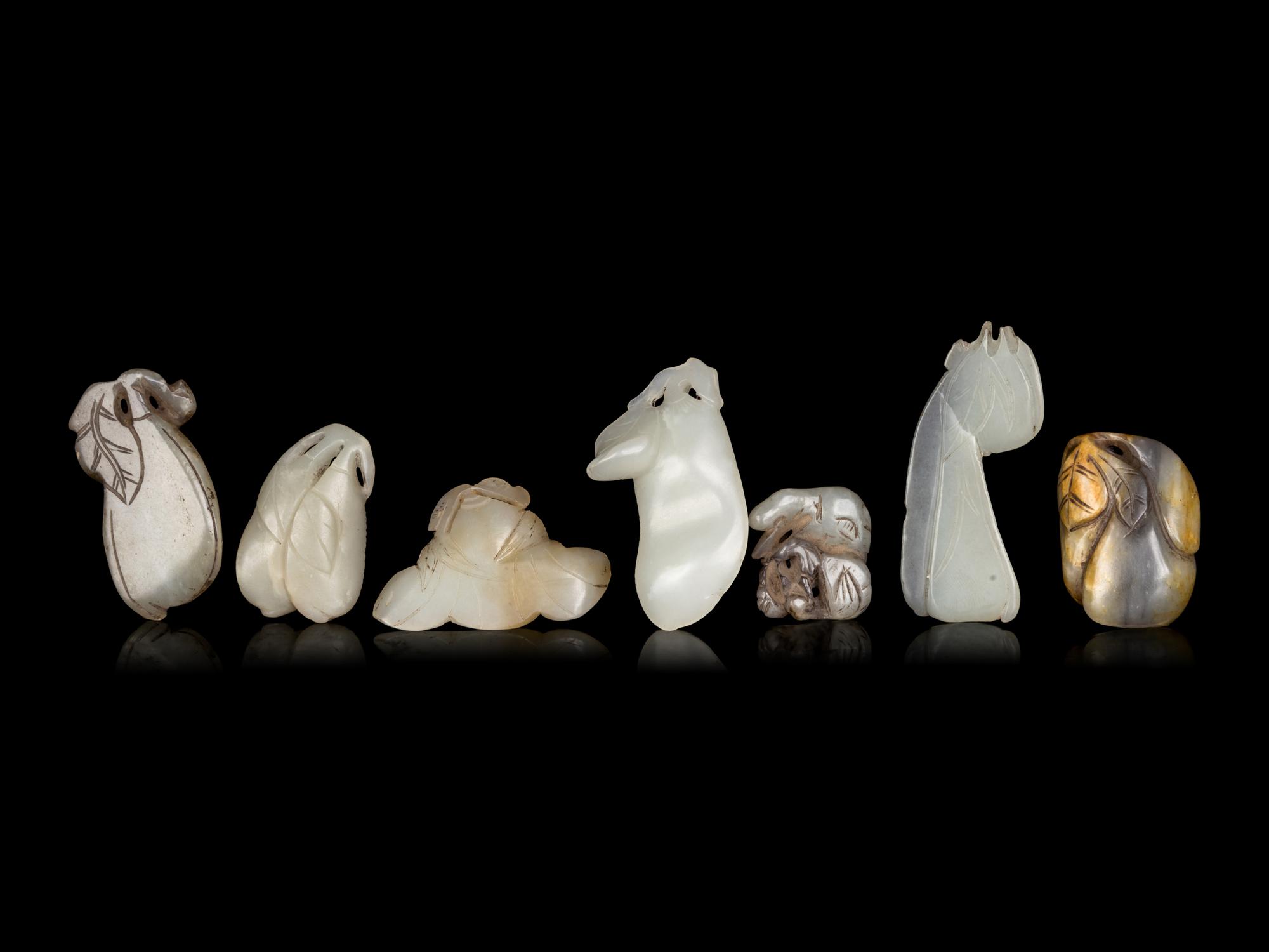 Six Chinese Celadon Jade Carved Figures of Fruits