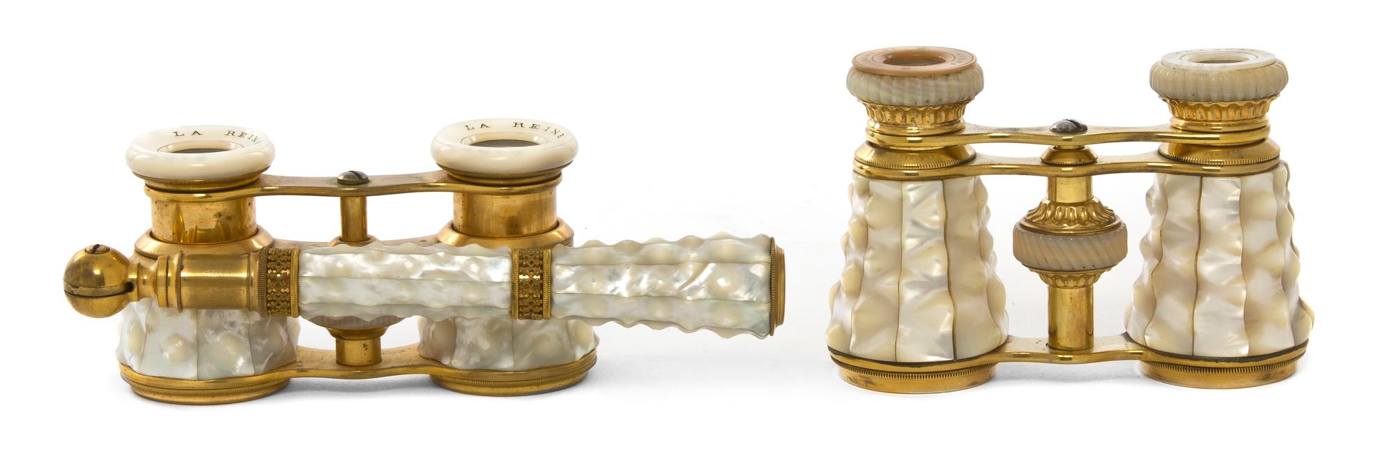 Two Pairs of French Mother-of-Pearl Veneered Opera Glasses, Width 3 7/8 inches.