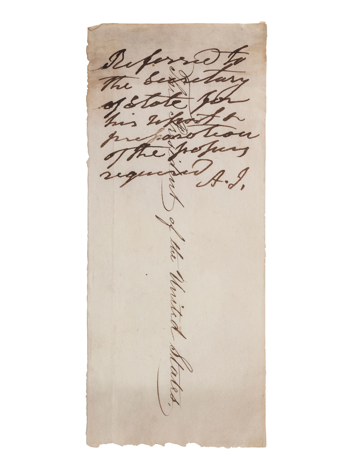 JACKSON, Andrew (1767-1845). Autograph endorsement signed ("A.J."). Accomplished on an address panel of a larger sheet.