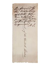 JACKSON, Andrew (1767-1845). Autograph endorsement signed ("A.J."). Accomplished on an address panel of a larger sheet.