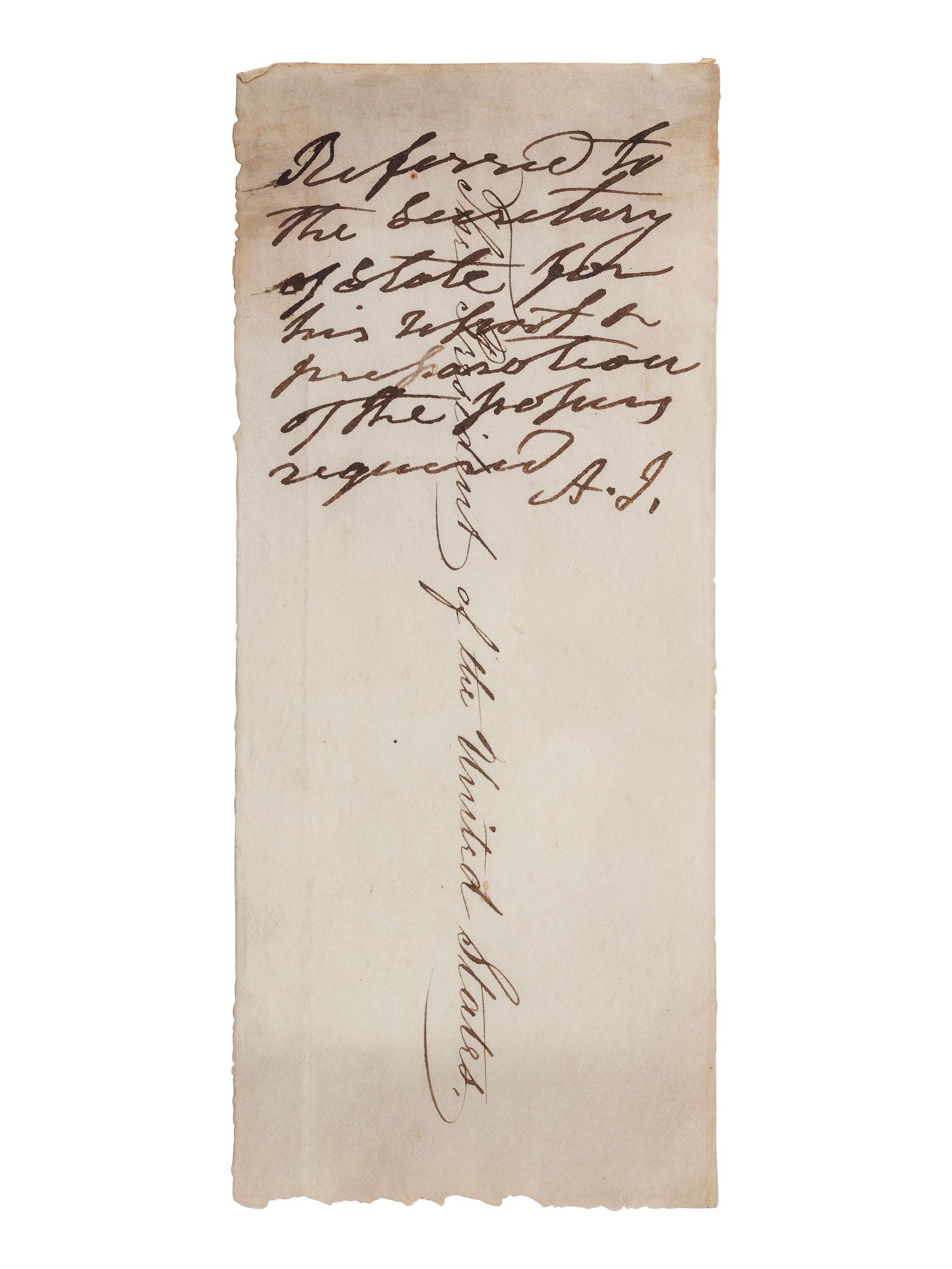 JACKSON, Andrew (1767-1845). Autograph endorsement signed ("A.J."). Accomplished on an address panel of a larger sheet.