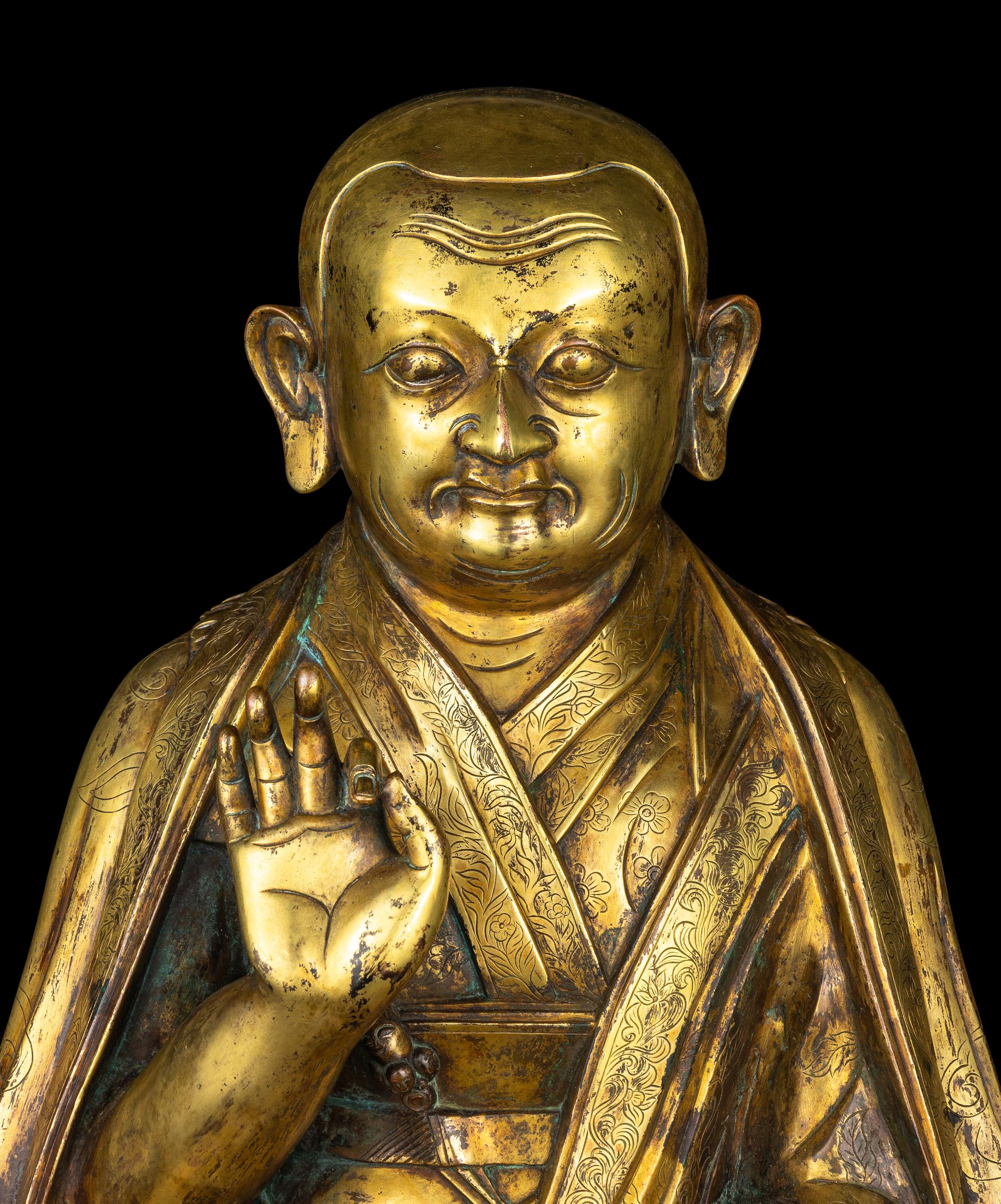 A Large Sino-Tibetan Gilt Bronze Figure of a Lama 巨型銅鎏金上師坐像