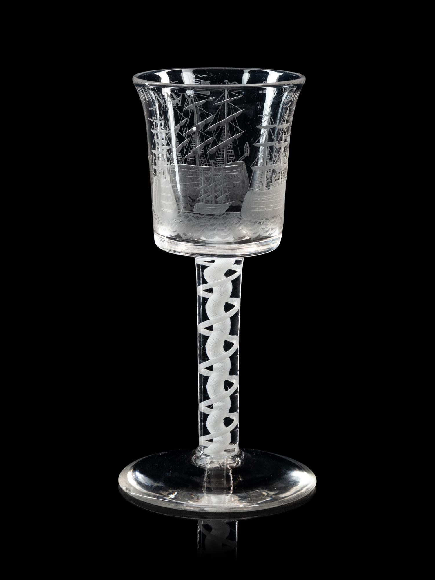 An Opaque Twist Engraved Wine Glass of British Naval Interest