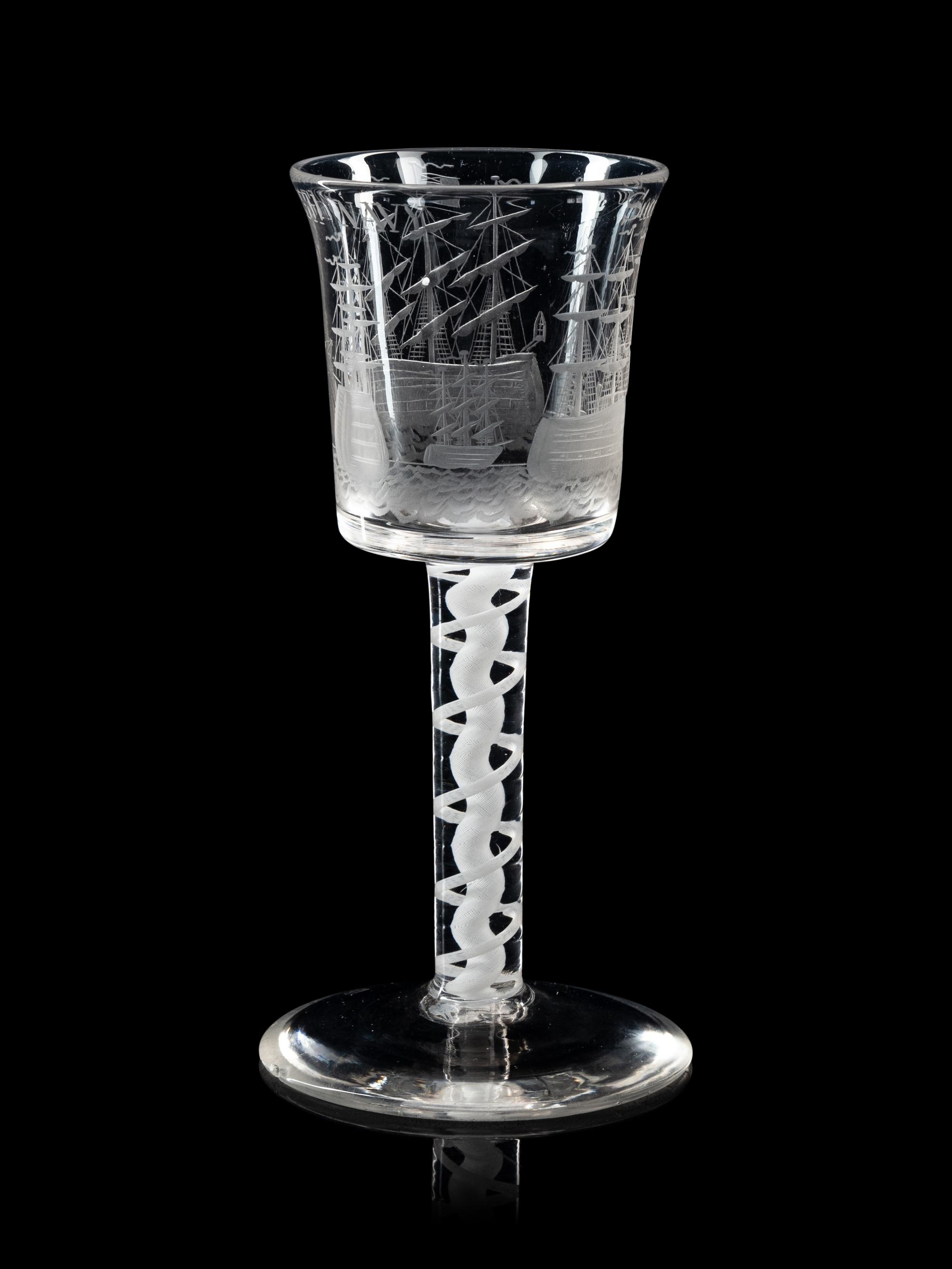 An Opaque Twist Engraved Wine Glass of British Naval Interest