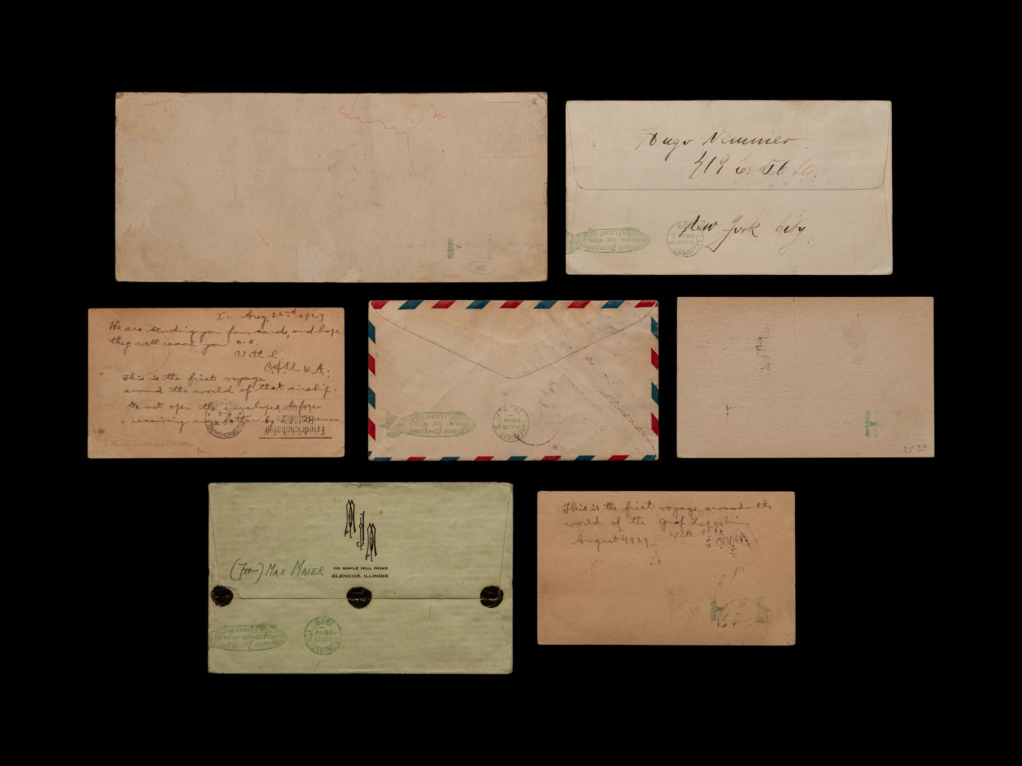 [FLIGHT COVER] 1929. A Group of Four Flight Covers and Three Postcards from the FIRST ROUND-THE-WORLD-FLIGHT Via the Graf Zeppelin (AAMC Z72e and Z-72f).
