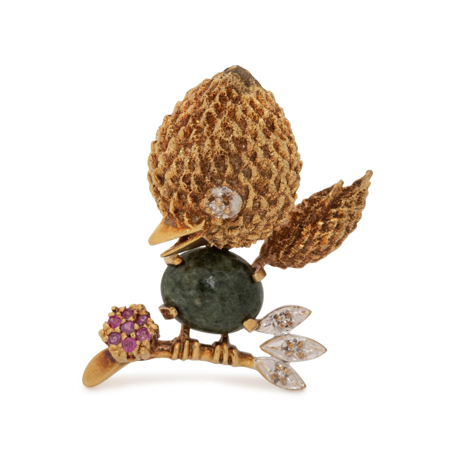 YELLOW GOLD, GEMSTONE AND DIAMOND BIRD BROOCH