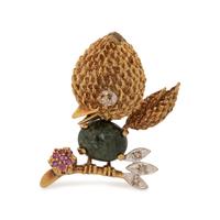 YELLOW GOLD, GEMSTONE AND DIAMOND BIRD BROOCH