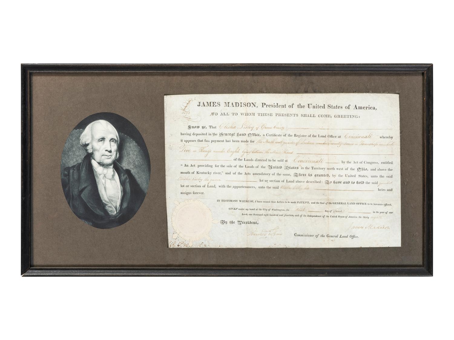 MADISON, James (1751-1836). Partly printed document signed ("James Madison"), as President of the United States, countersigned by Edward Tiffin as Commissioner of the General Land Office. Washington, D.C., 1 June 1814.