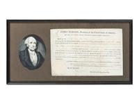 MADISON, James (1751-1836). Partly printed document signed ("James Madison"), as President of the United States, countersigned by Edward Tiffin as Commissioner of the General Land Office. Washington, D.C., 1 June 1814.