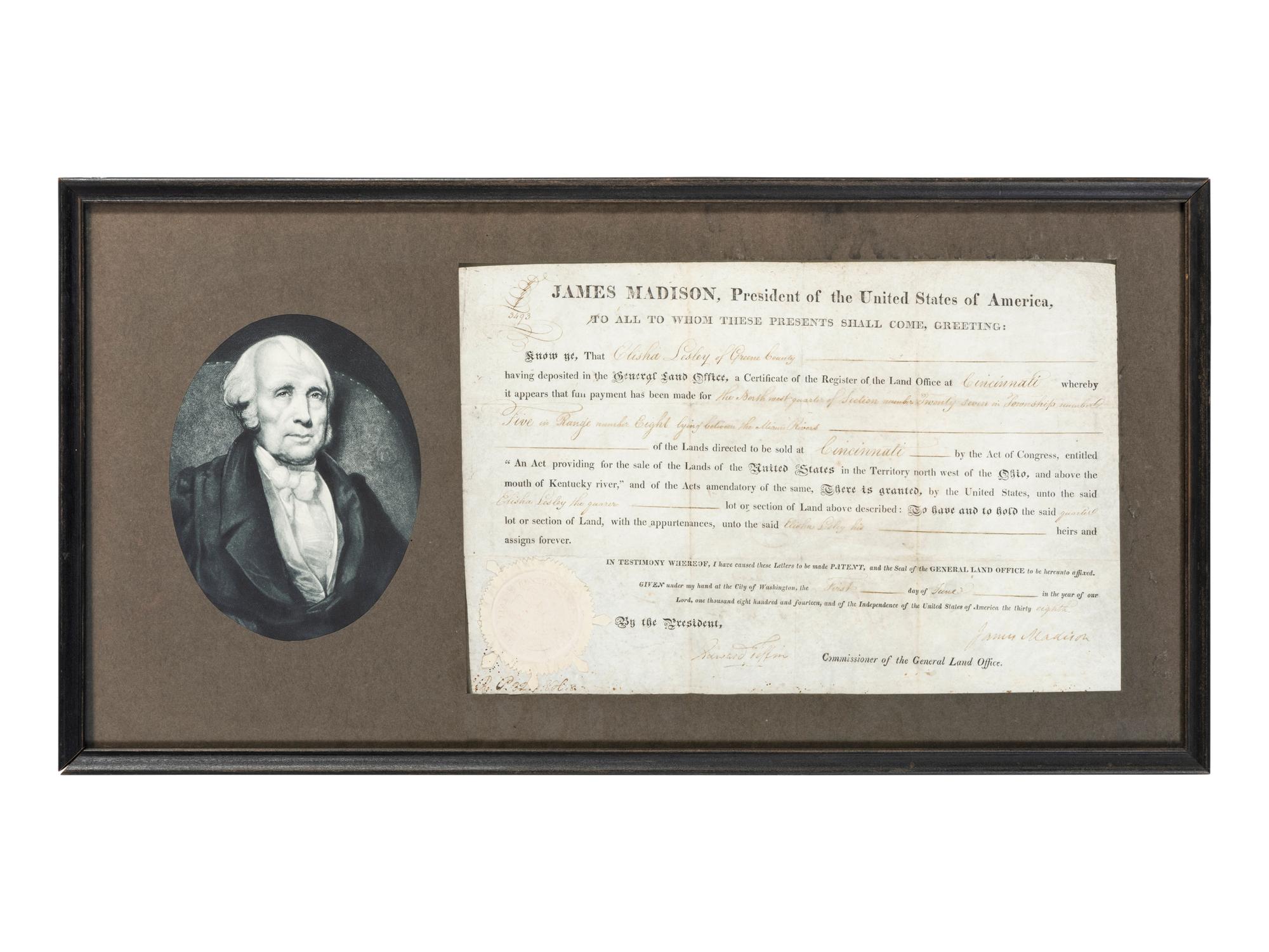 MADISON, James (1751-1836). Partly printed document signed ("James Madison"), as President of the United States, countersigned by Edward Tiffin as Commissioner of the General Land Office. Washington, D.C., 1 June 1814.
