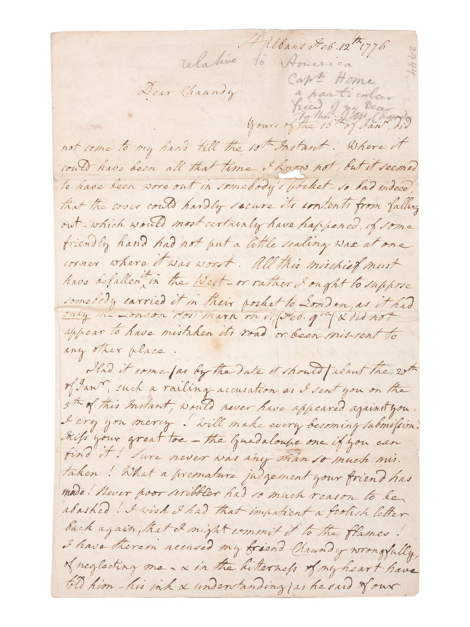 [REVOLUTIONARY WAR]. Letter from a British officer discussing the American Revolution and the necessary British response to bring "the Rebels" to submission. St. Albans [United Kingdom?], 12 February 1776.