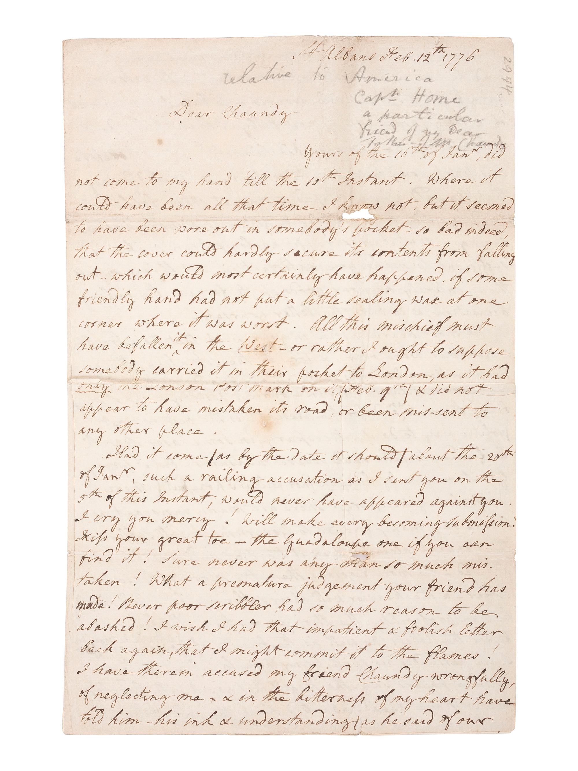 [REVOLUTIONARY WAR]. Letter from a British officer discussing the American Revolution and the necessary British response to bring "the Rebels" to submission. St. Albans [United Kingdom?], 12 February 1776.