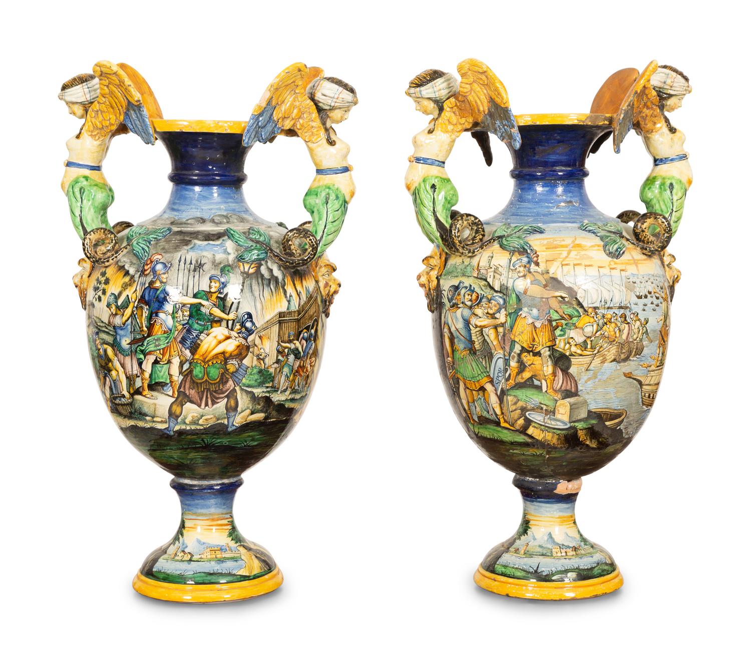 A Pair of Italian Majolica Urns
