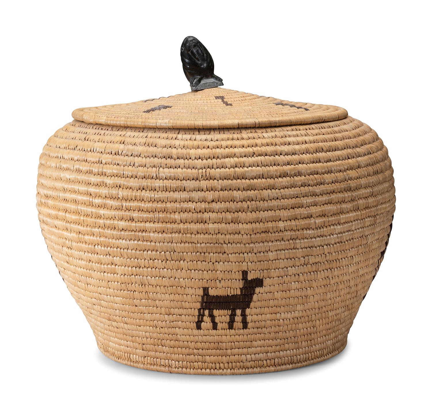 Large Lidded Storage Basket with Figures and Soapstone Finial