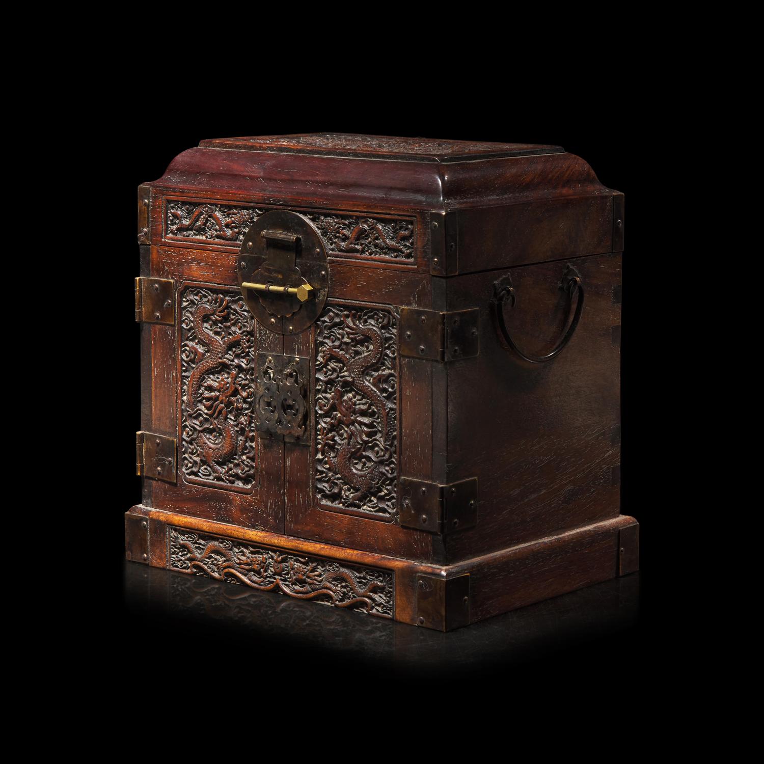 A Small Chinese Carved Hardwood Seal Chest 硬木雕雲龍紋官皮箱