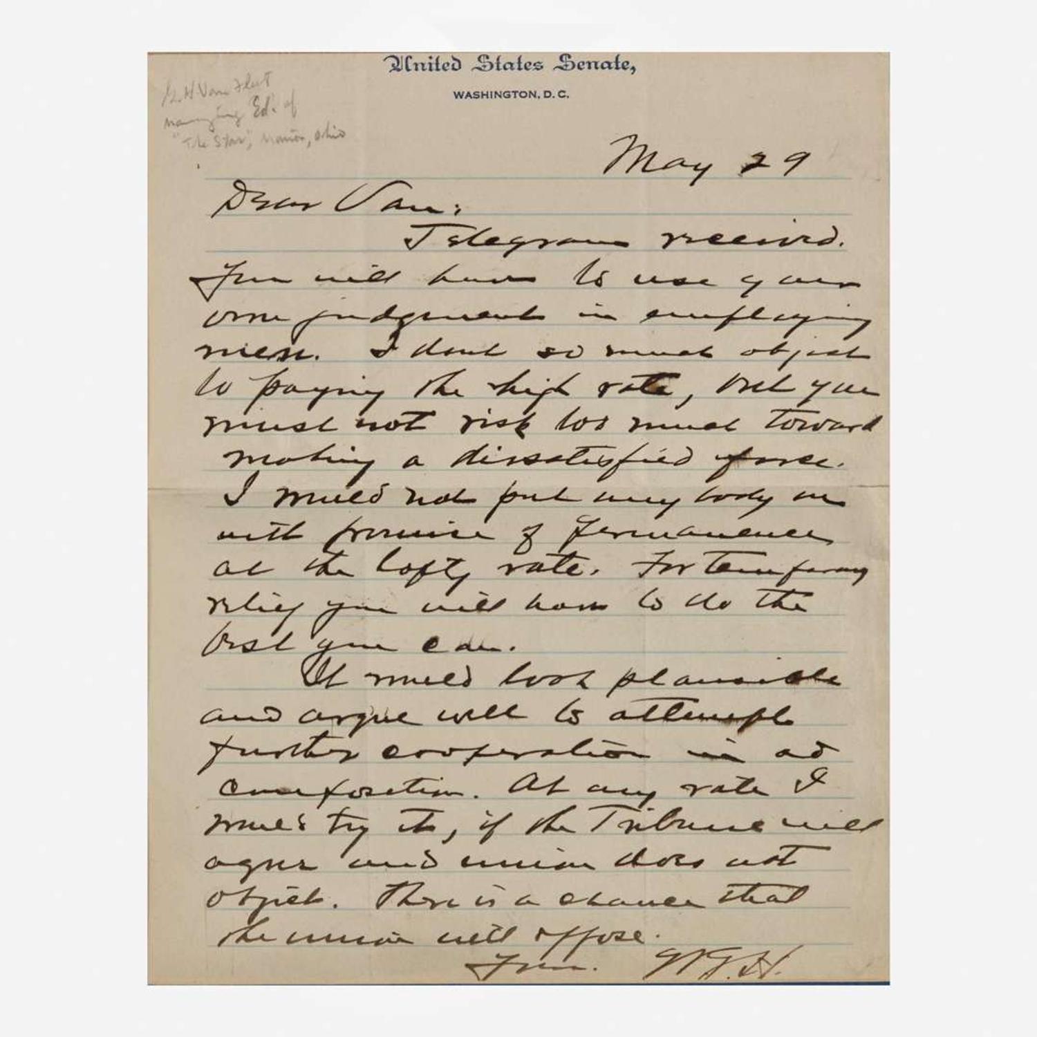 [Presidential] Harding, Warren G. Autograph Letter, initialed