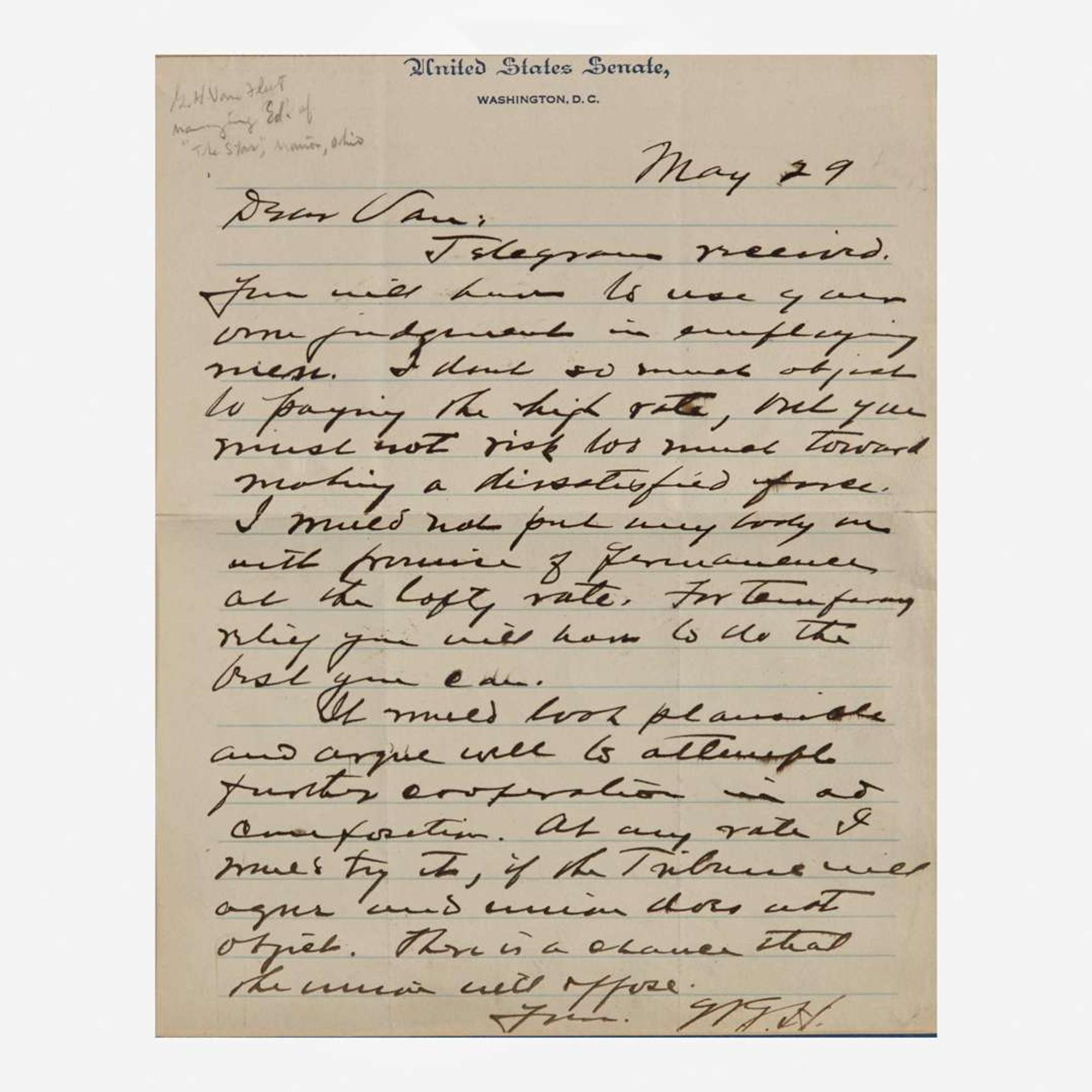 [Presidential] Harding, Warren G. Autograph Letter, initialed
