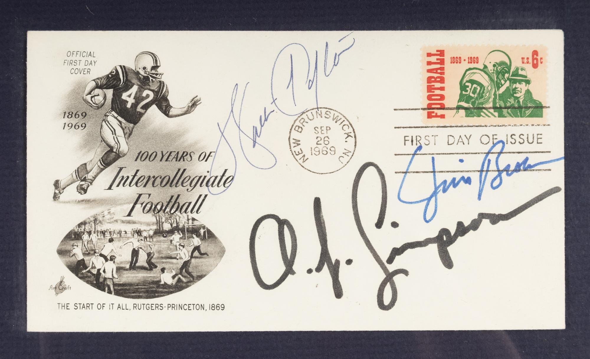 A Hall of Fame Running Backs Signed First Day Cover Display Featuring Walter Payton and Jim Brown (Beckett Authentication Services Letter),