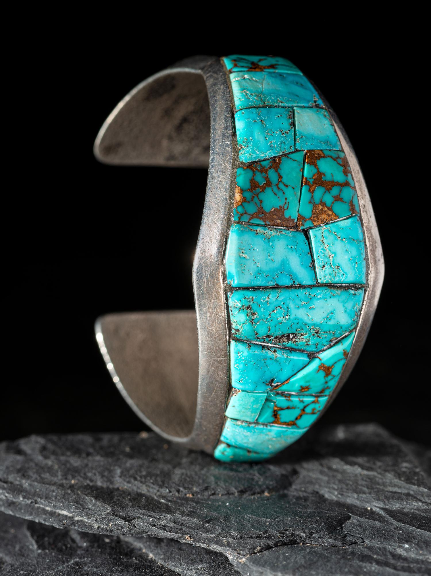 Tufa Cast Silver Cuff Bracelet, with Cobblestone Turquoise Inlay