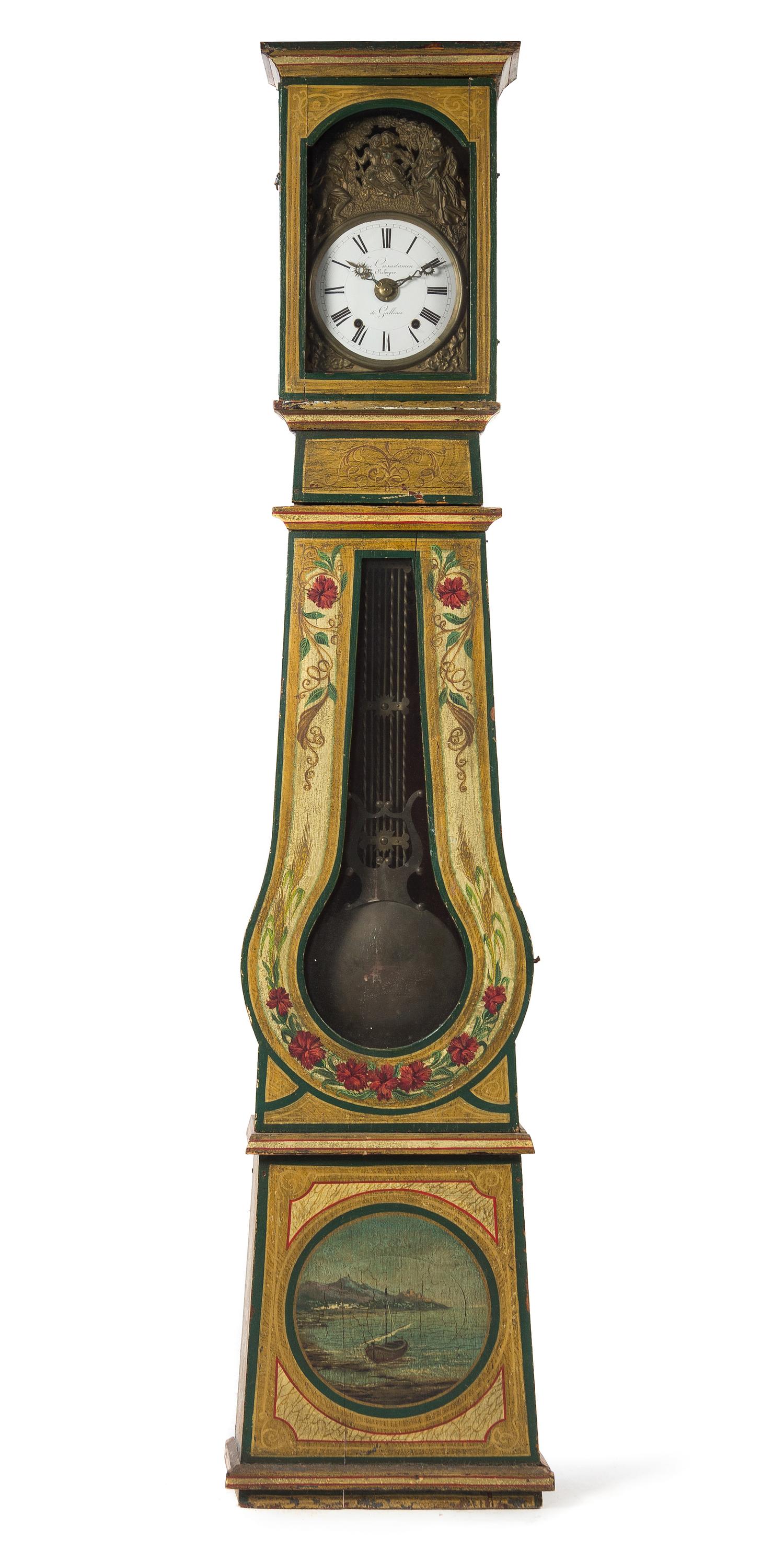 A French Painted Tall Case Clock Height 86 1/2 x width 17 1/4 x depth 9 inches. — 19TH CENTURY