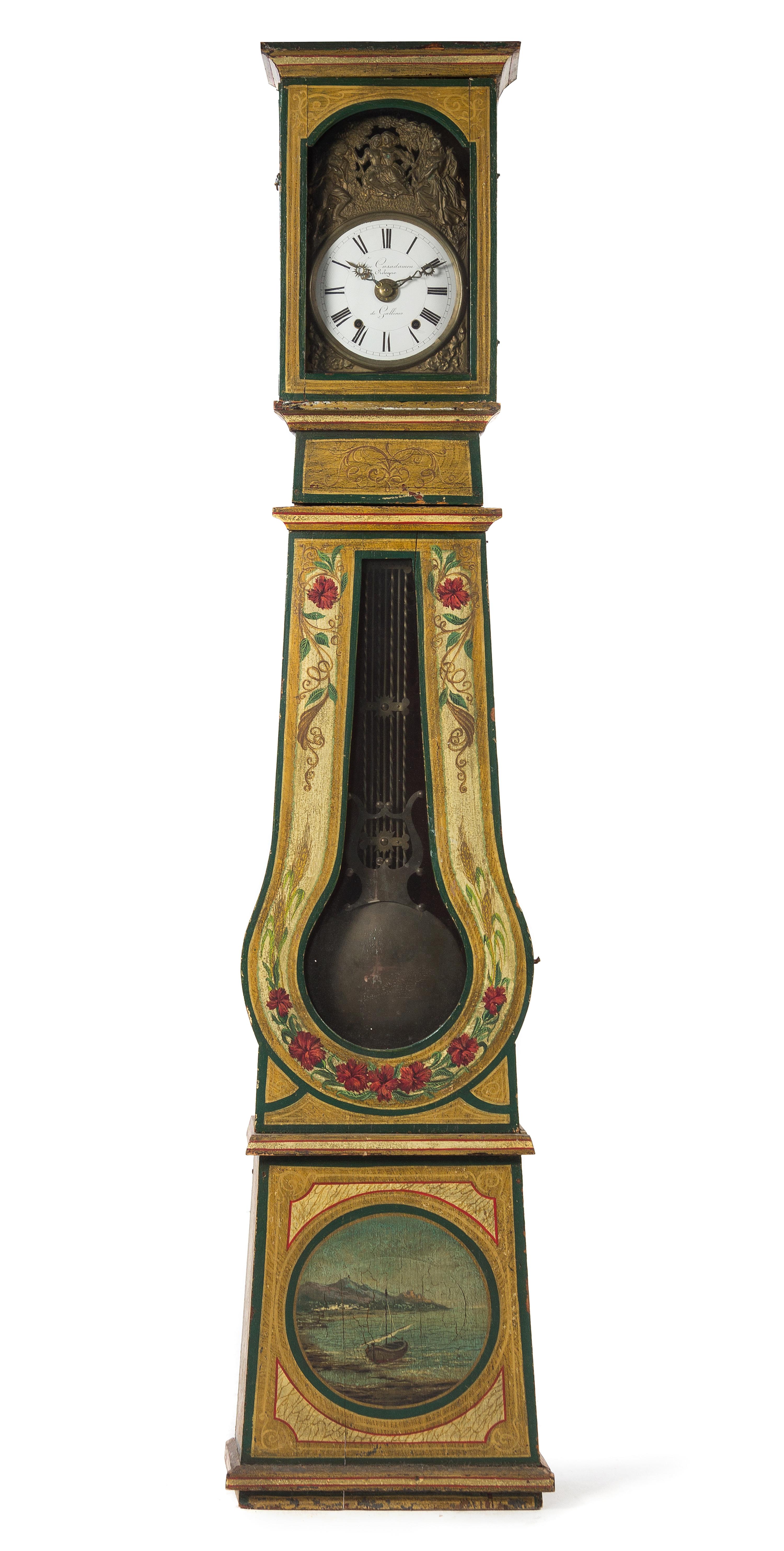 A French Painted Tall Case Clock Height 86 1/2 x width 17 1/4 x depth 9 inches. — 19TH CENTURY