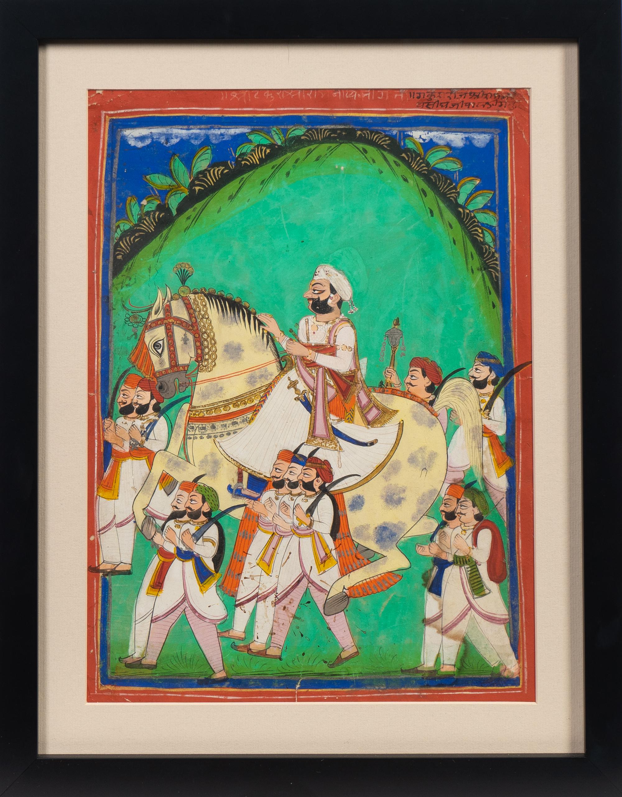 An Indian Miniature Depicting Raja Kushu Singh on Horseback With Attendants — JAIPUR SCHOOL, 19TH CENTURY