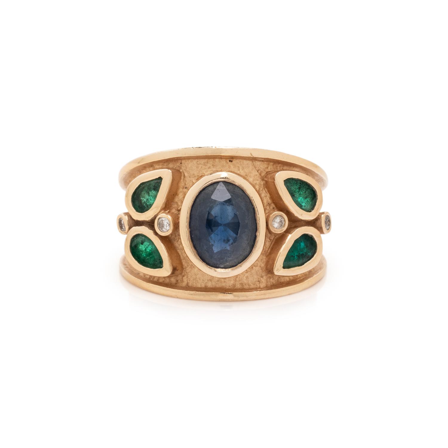 SAPPHIRE, DIAMOND, AND SYNTHETIC EMERALD RING