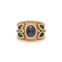 SAPPHIRE, DIAMOND, AND SYNTHETIC EMERALD RING
