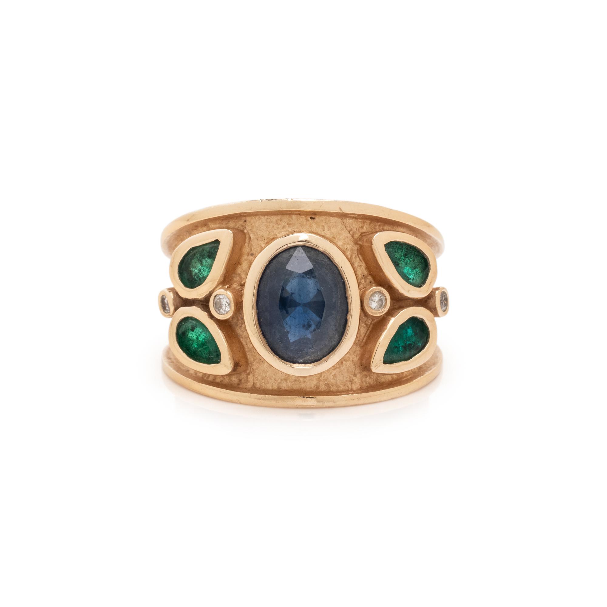 SAPPHIRE, DIAMOND, AND SYNTHETIC EMERALD RING