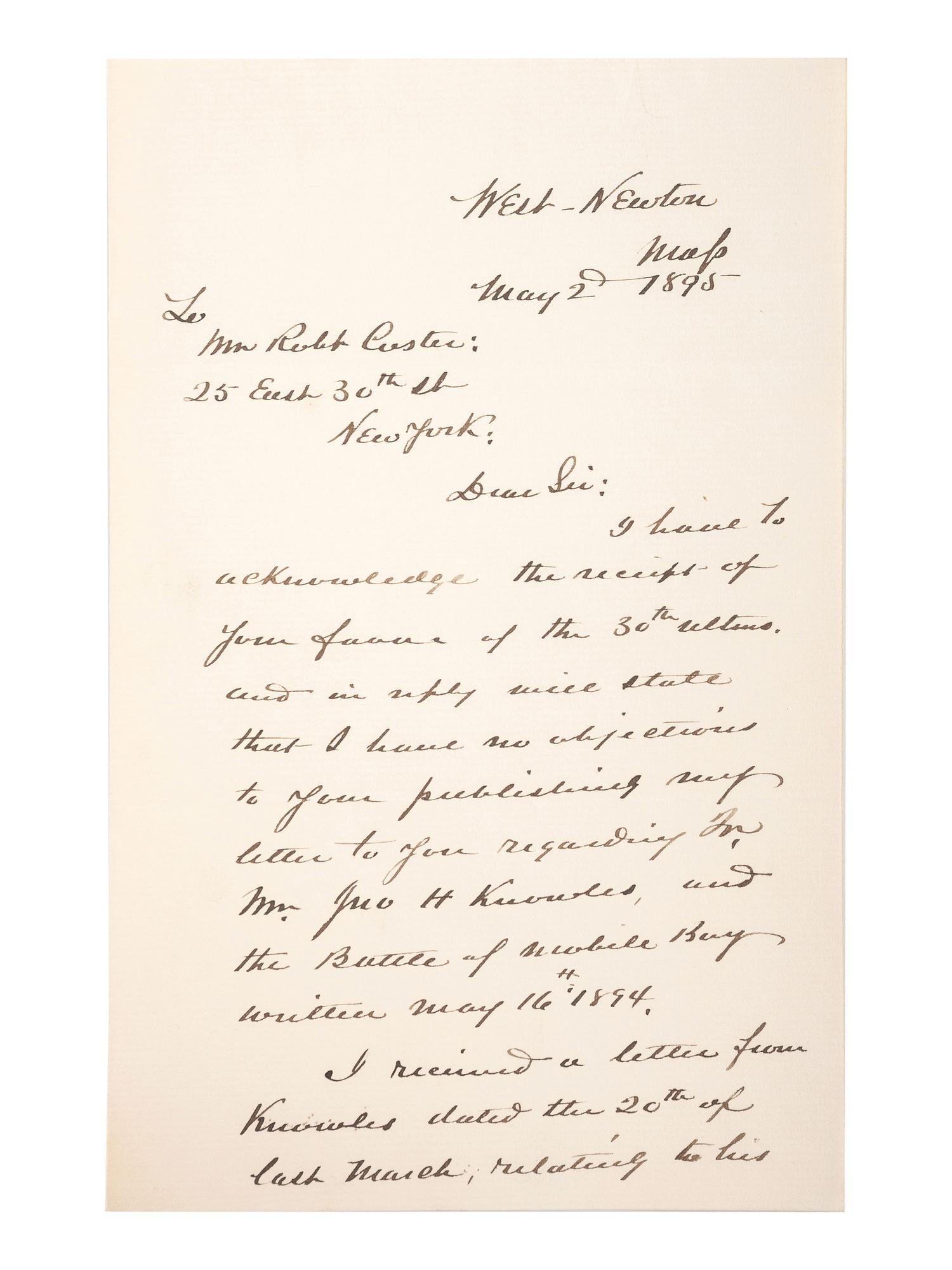 [CIVIL WAR - NAVY]. A group of 9 documents related to Robert Coster and his efforts to confirm the identity of the man who lashed Rear Admiral David G. Farragut to the rigging of the Hartford at the Battle of Mobile Bay.