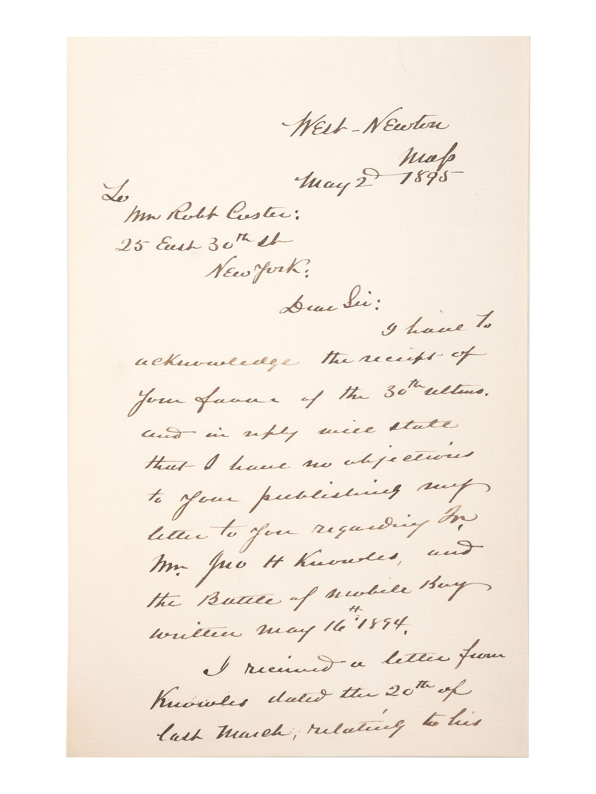 [CIVIL WAR - NAVY]. A group of 9 documents related to Robert Coster and his efforts to confirm the identity of the man who lashed Rear Admiral David G. Farragut to the rigging of the Hartford at the Battle of Mobile Bay.