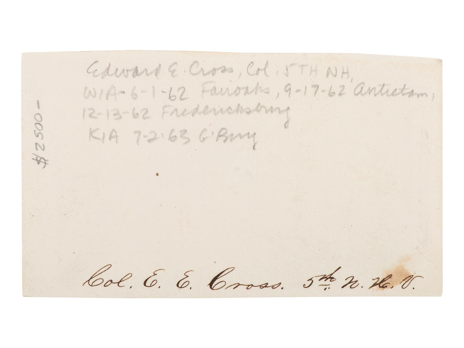 [CIVIL WAR - GETTYSBURG]. Autographed CDV of Colonel Edward E. Cross, KIA at Gettysburg. Washington, DC: Brady, ca 1861-1863.