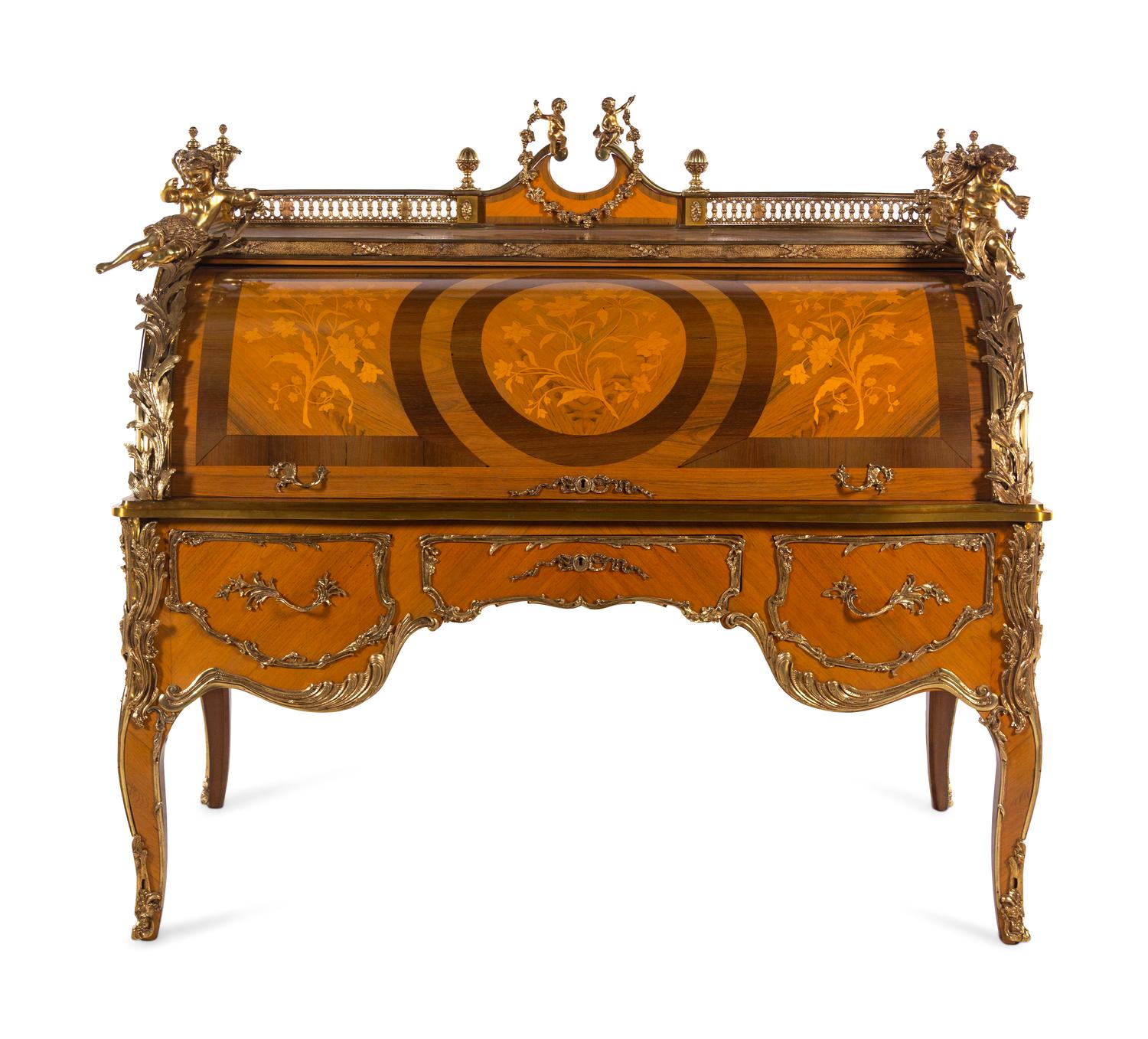 A Louis XV Style Gilt Metal Mounted Marquetry Bureau à Cylindre