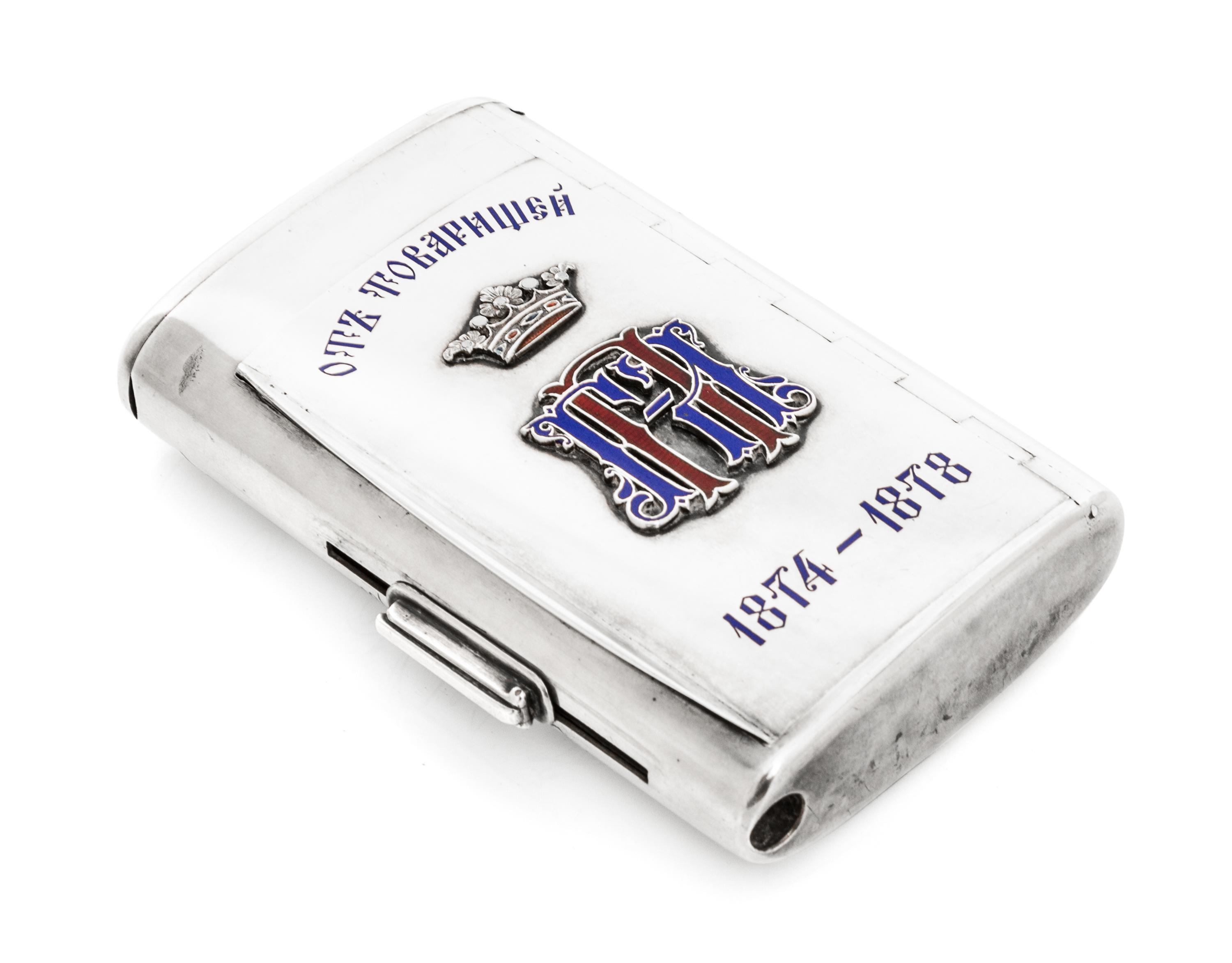 A Russian Silver and Enamel Cigarette Case, Mark of Sazikov with Imperial warrant, St. Petersburg, late 19th century, the lid with an a