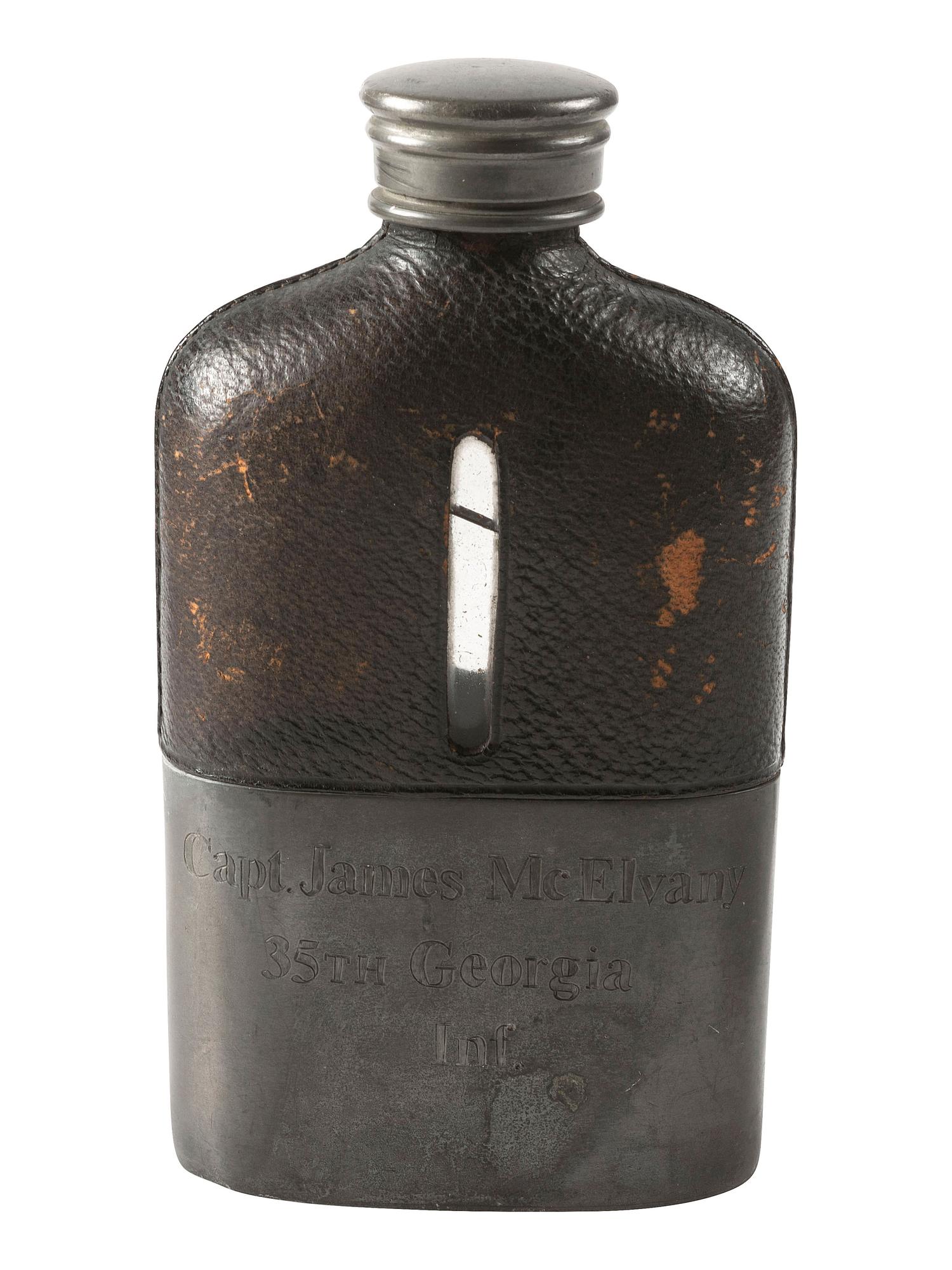 [CIVIL WAR]. Period-flask with UCV inscription to Captain James McElvany, Company F, 35th Georgia Infantry, WIA Cedar Run.
