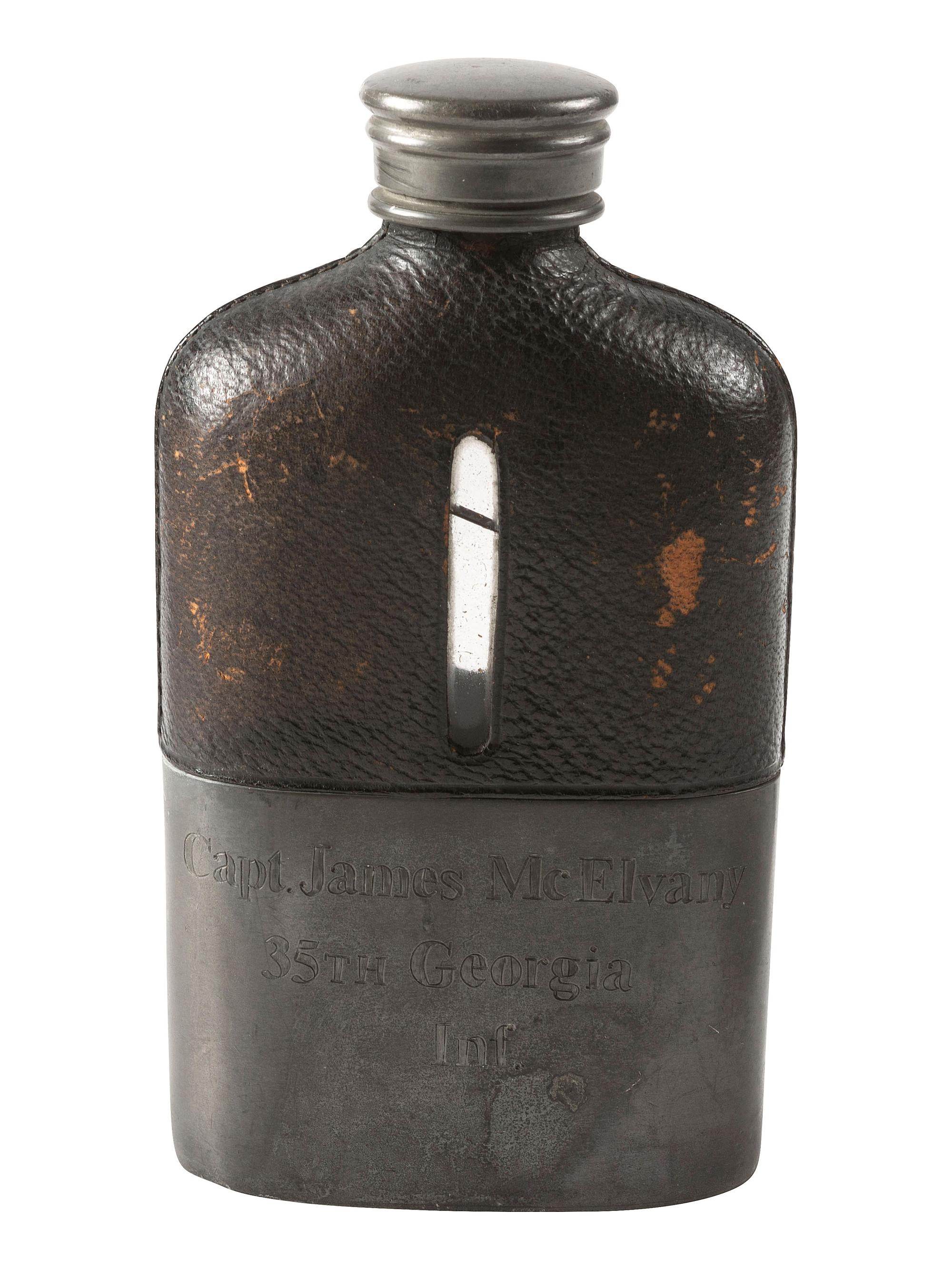 [CIVIL WAR]. Period-flask with UCV inscription to Captain James McElvany, Company F, 35th Georgia Infantry, WIA Cedar Run.