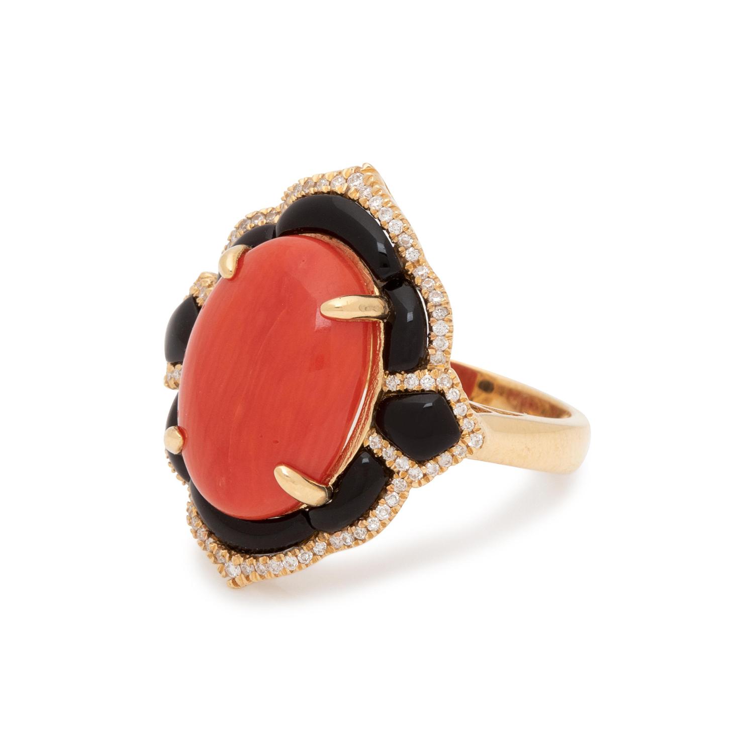 CORAL, ONYX AND DIAMOND RING