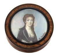 An English Burlwood and Tortoise Shell Box, 19th Century, of circular form, the lid inset with a portrait miniature depicting a lady.