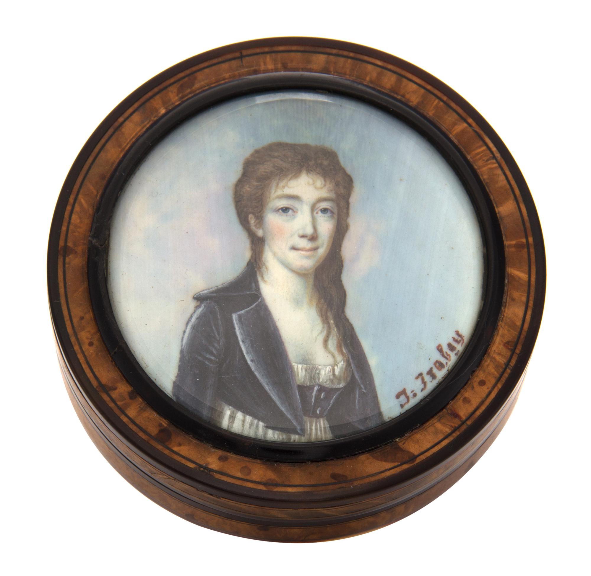 An English Burlwood and Tortoise Shell Box, 19th Century, of circular form, the lid inset with a portrait miniature depicting a lady.