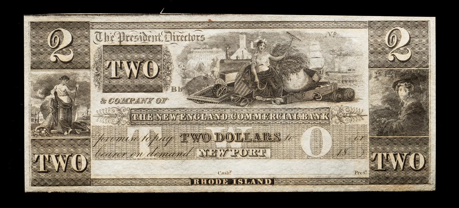 Obsolete $2 Bank Note: The New England Commercial Bank — NEWPORT, RHODE ISLAND, CIRCA 1845