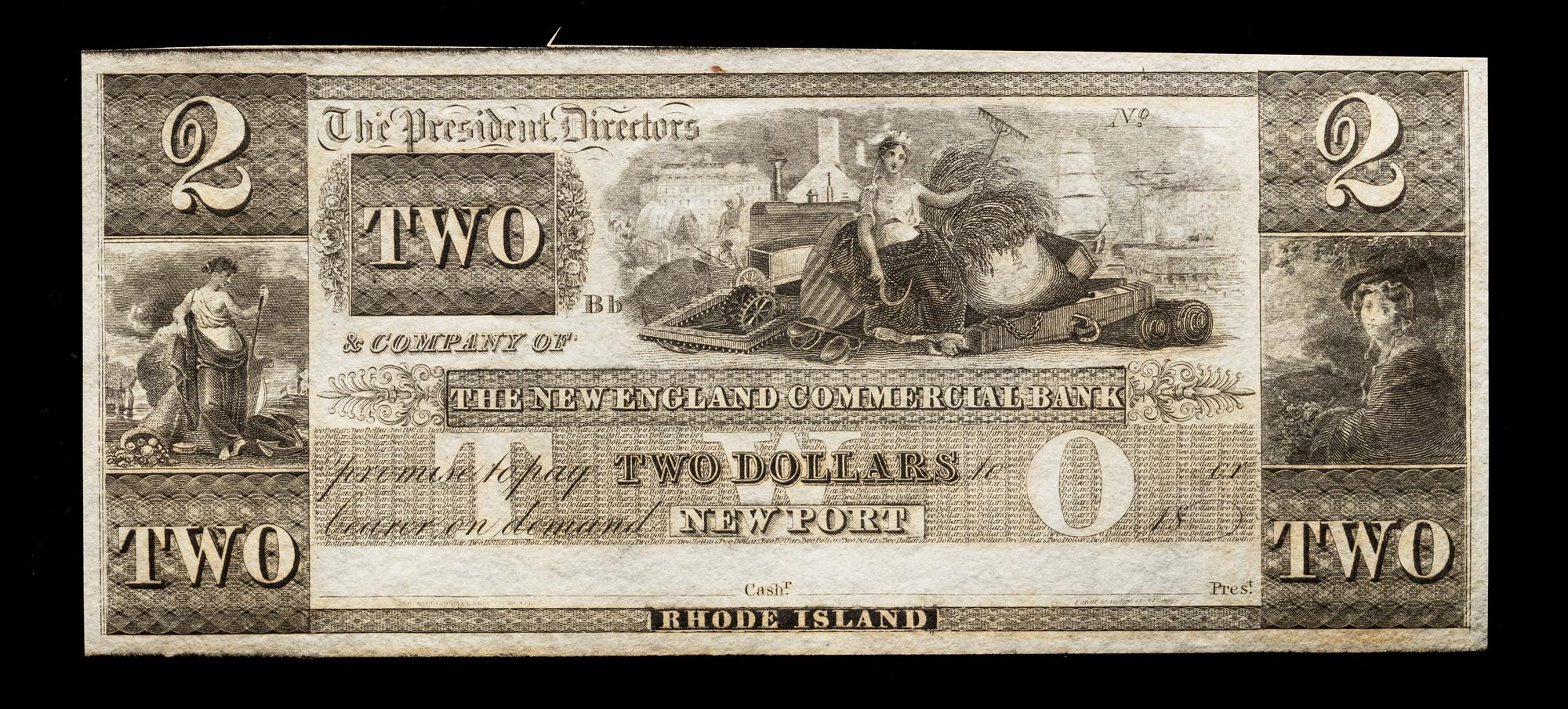 Obsolete $2 Bank Note: The New England Commercial Bank — NEWPORT, RHODE ISLAND, CIRCA 1845