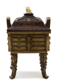 A Chinese Bronze Censer with Carved Wood Lid Height 13 x width 8 x depth 6 1/2 inches. — 19TH CENTURY
