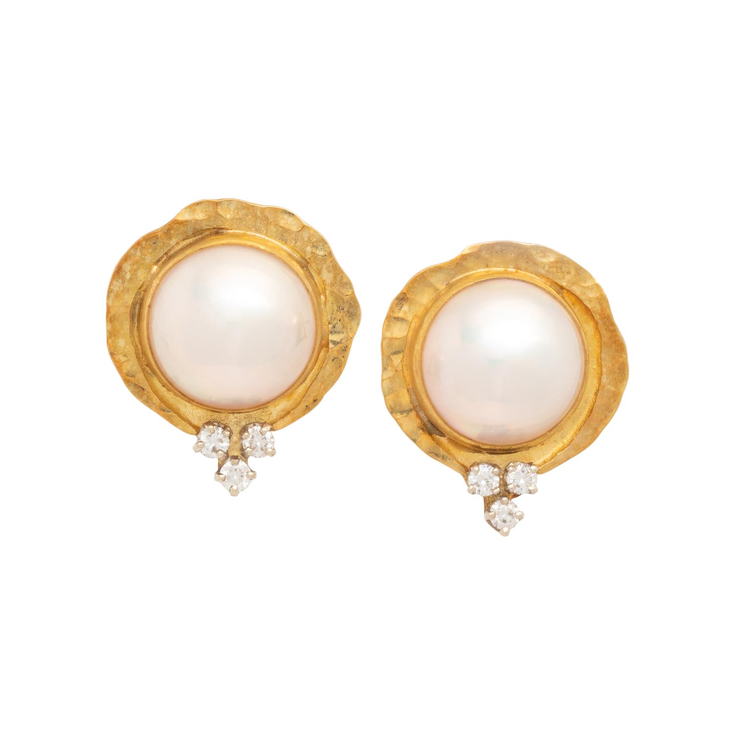ROSS COPPELMAN, CULTURED MABE PEARL AND DIAMOND EARCLIPS