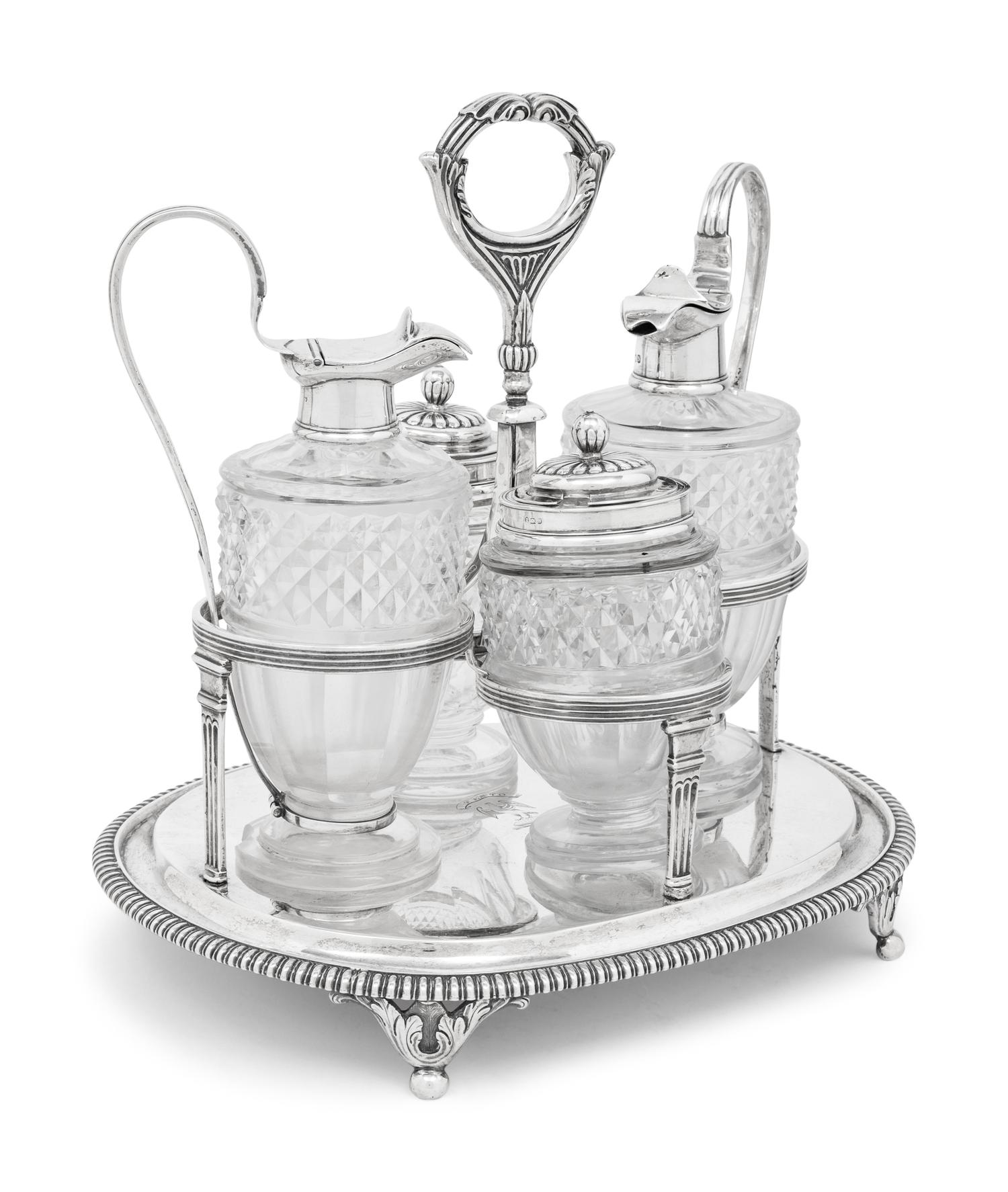 A George III Silver and Cut Glass Cruet Set