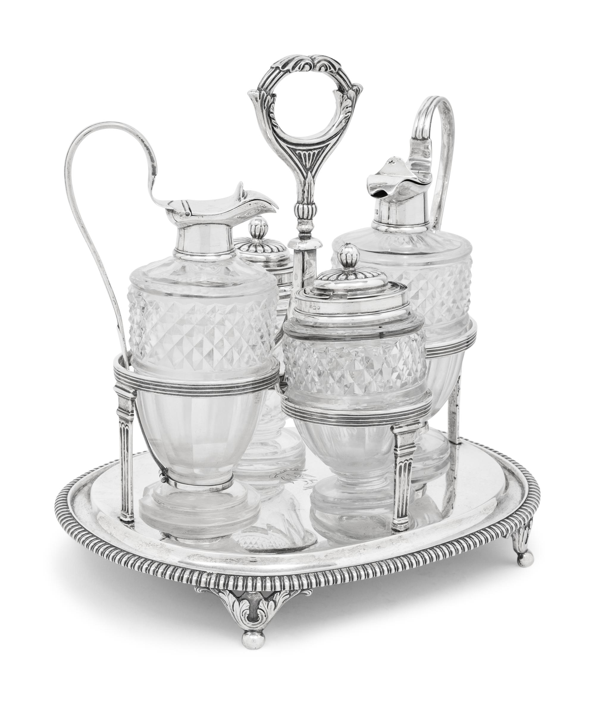 A George III Silver and Cut Glass Cruet Set