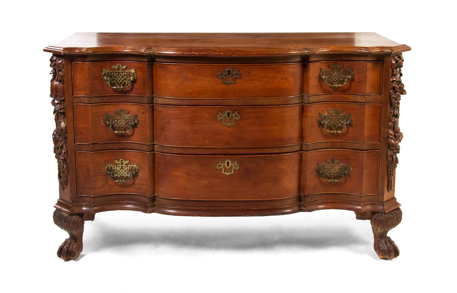 An English, Possibly Irish, Pine Chest of Drawers, Height 33 1/4 x width 55 x depth 23 inches.