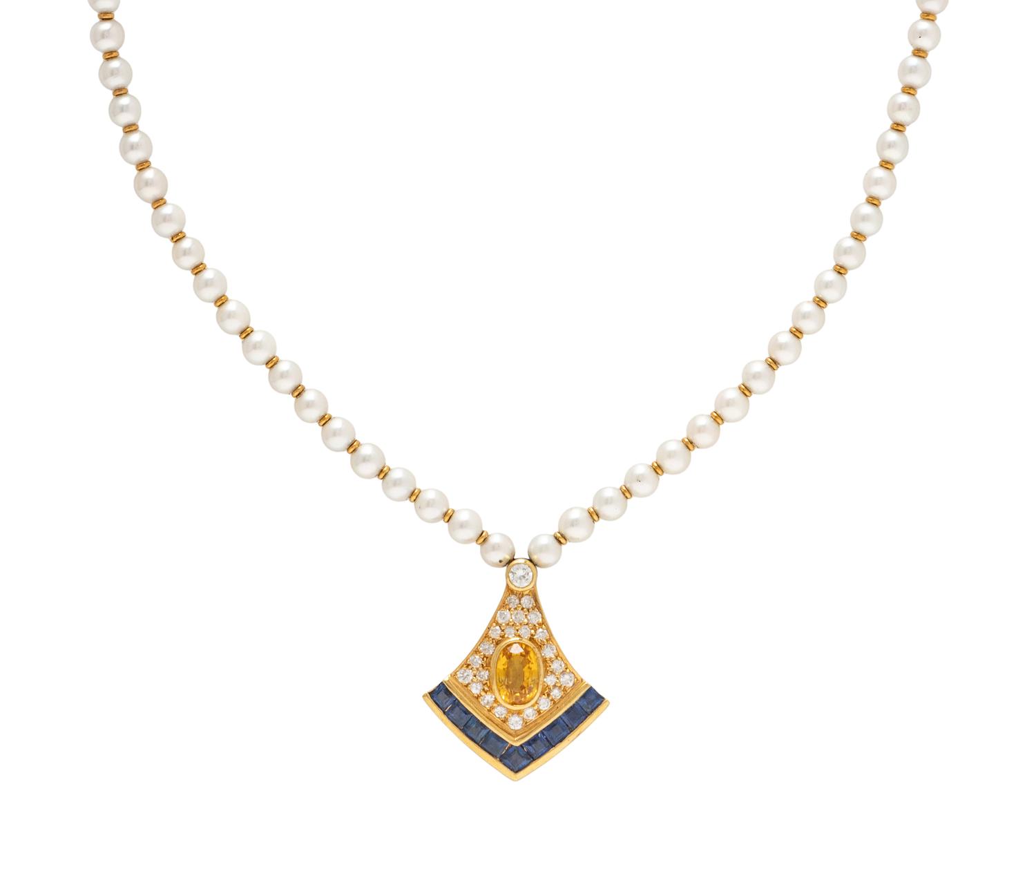 CULTURED PEARL, DIAMOND, YELLOW SAPPHIRE, AND SAPPHIRE NECKLACE