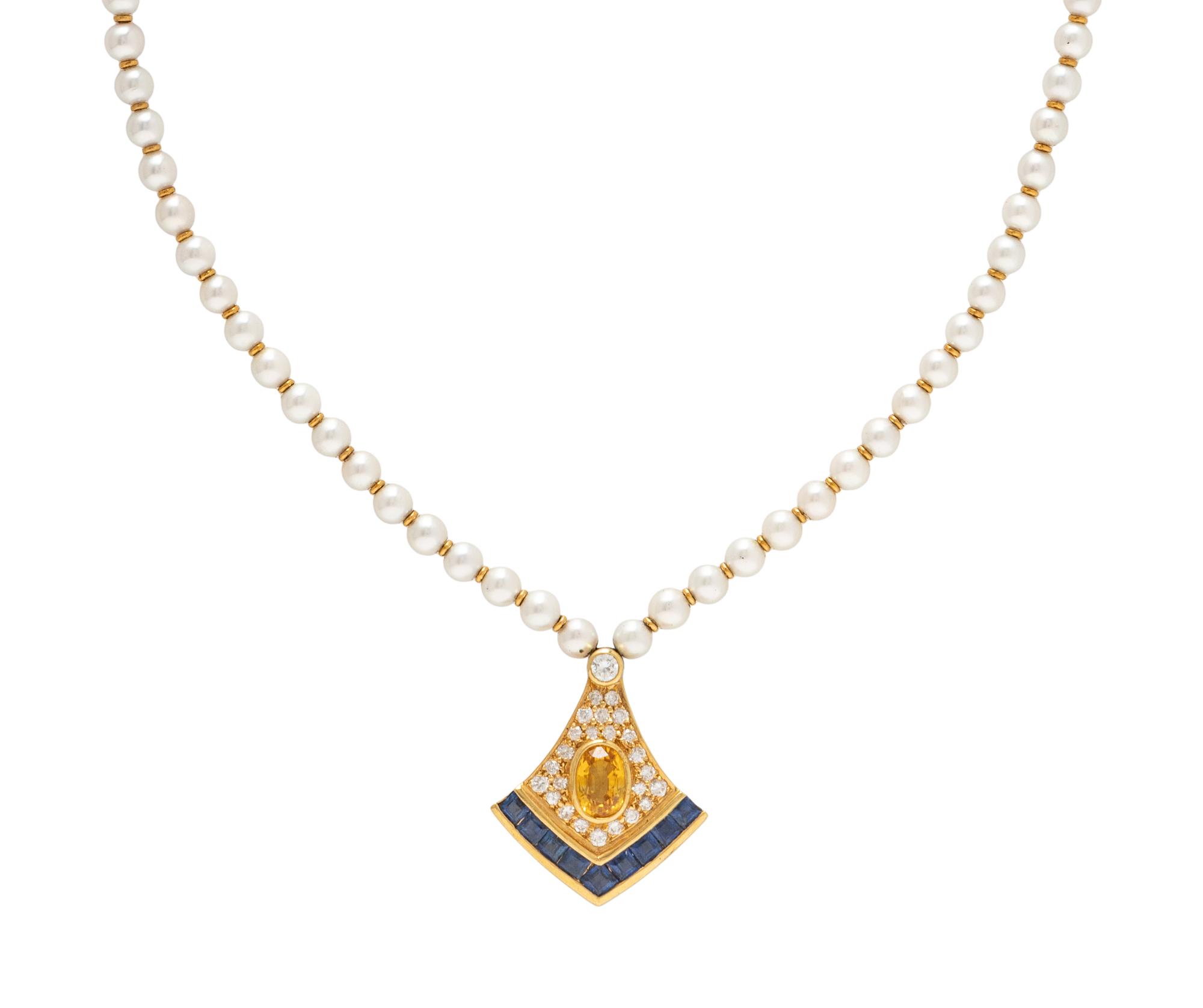 CULTURED PEARL, DIAMOND, YELLOW SAPPHIRE, AND SAPPHIRE NECKLACE