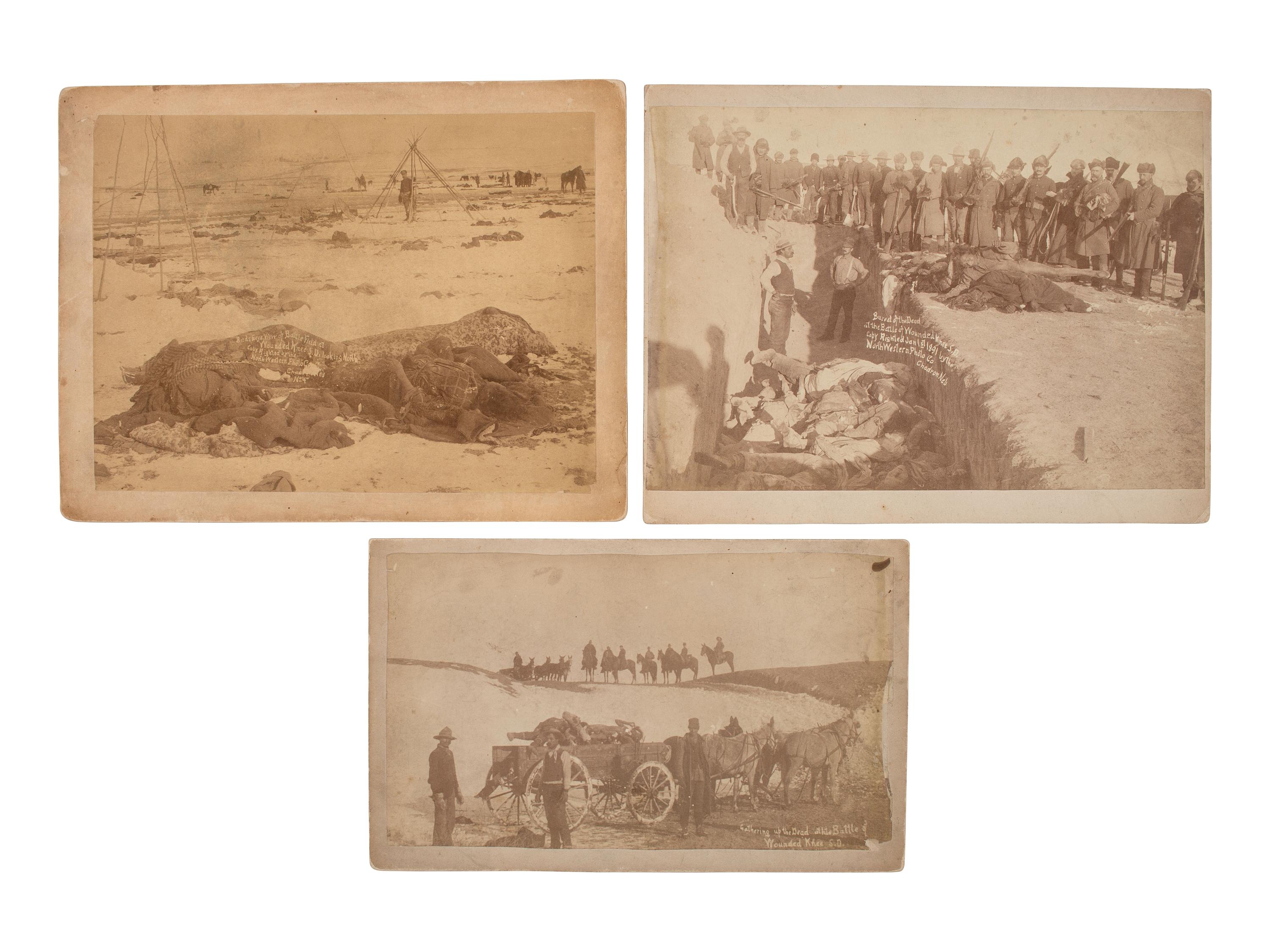 [WOUNDED KNEE]. Four photographs taken in the immediate aftermath of Wounded Knee, incl. Lt. Sydney Cloman on the battlefield surrounded by dead Lakota members of Big Foot’s Band. January 1891.